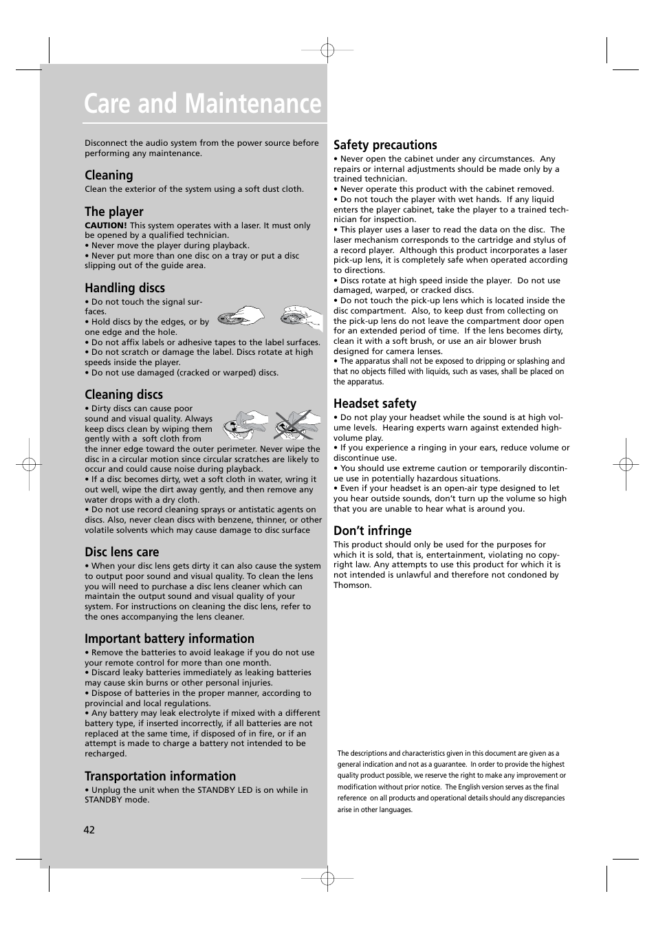 Care and maintenance, Cleaning, The player | Handling discs, Cleaning discs, Disc lens care, Important battery information, Transportation information, Safety precautions, Headset safety | RCA UND RECEIVER RTD250 User Manual | Page 45 / 55