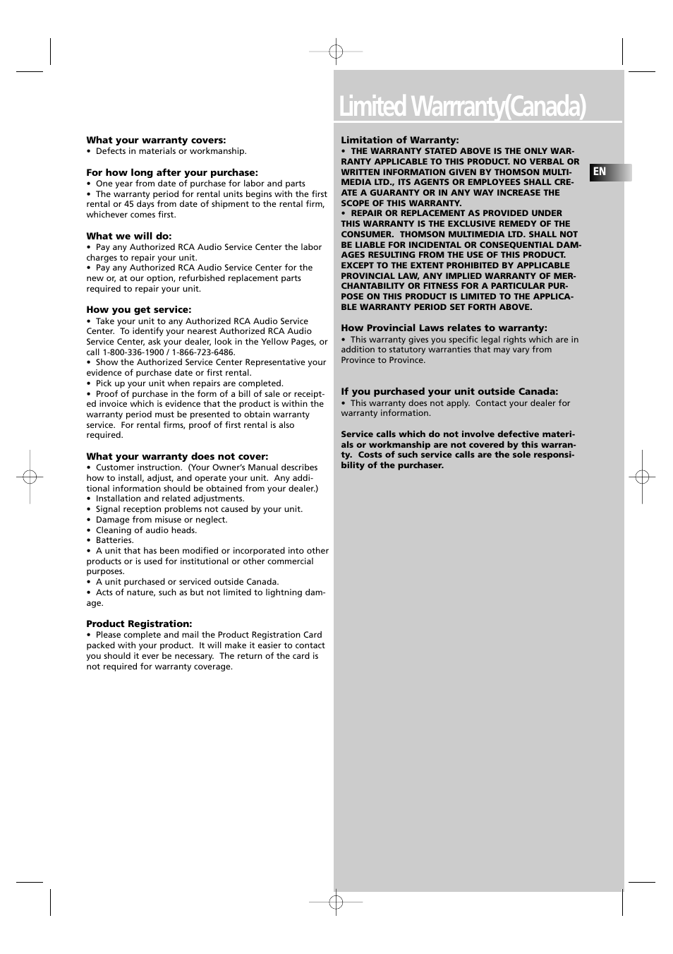 Limited warrranty(canada) | RCA UND RECEIVER RTD250 User Manual | Page 50 / 55
