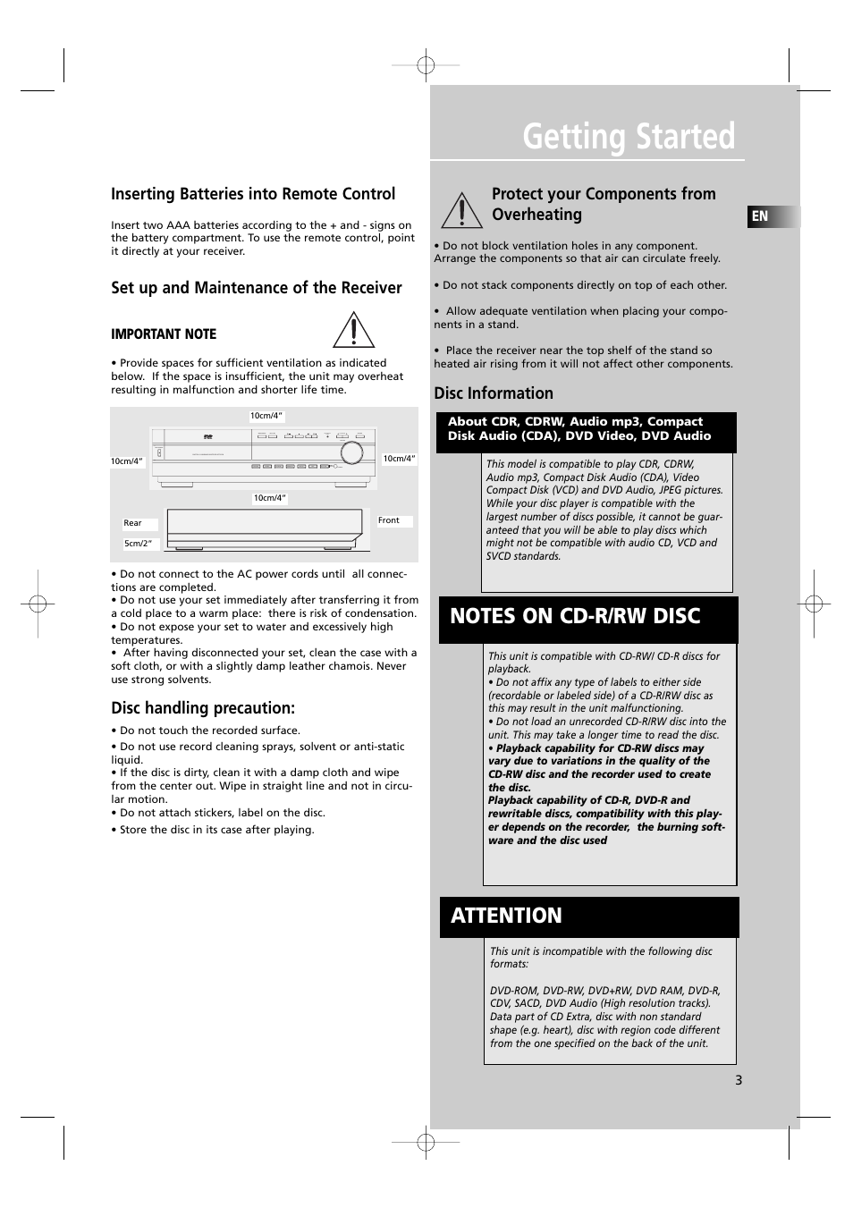 Getting started, Attention, Inserting batteries into remote control | Set up and maintenance of the receiver, Disc handling precaution, Protect your components from overheating, Disc information | RCA UND RECEIVER RTD250 User Manual | Page 6 / 55