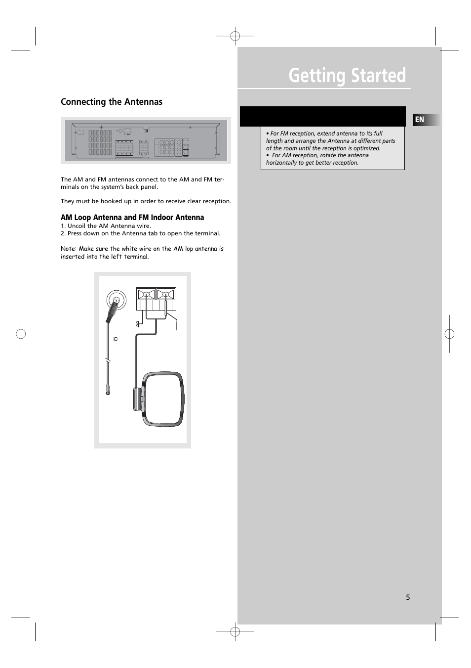 Getting started, Hint, Connecting the antennas | RCA UND RECEIVER RTD250 User Manual | Page 8 / 55