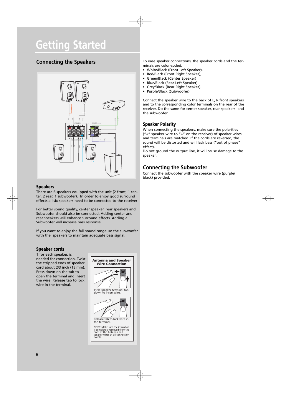 Getting started, Connecting the speakers, Connecting the subwoofer | Speakers, Speaker cords, Speaker polarity | RCA UND RECEIVER RTD250 User Manual | Page 9 / 55