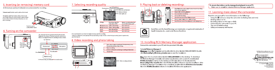 Turning on the camcorder, Selecting recording quality, Video recording and photo taking | Playing back or deleting recordings, Qpen, Open the mounted volume labeled, File in the, Volume to install the rca detective application | RCA EZ5100 User Manual | Page 2 / 2