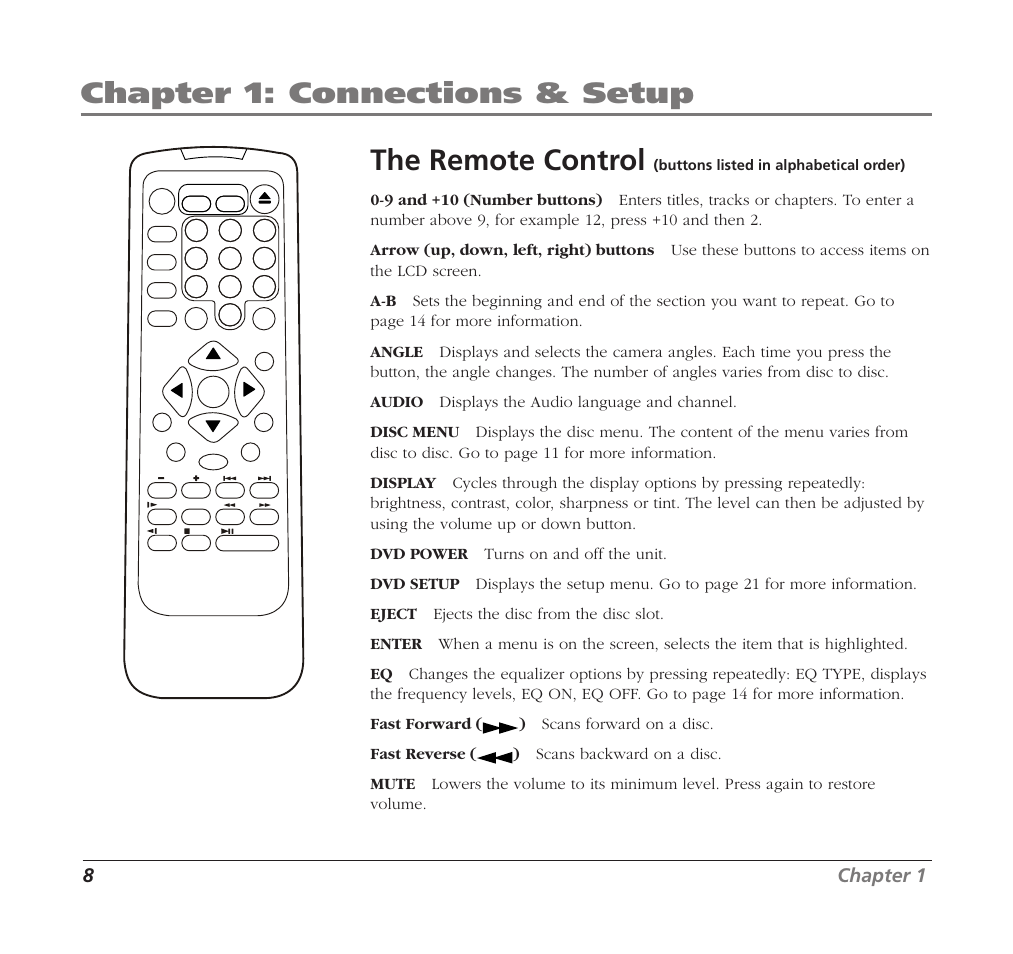 Chapter 1: connections & setup, The remote control, 8chapter 1 | RCA Mobile DVD Player User Manual | Page 10 / 36