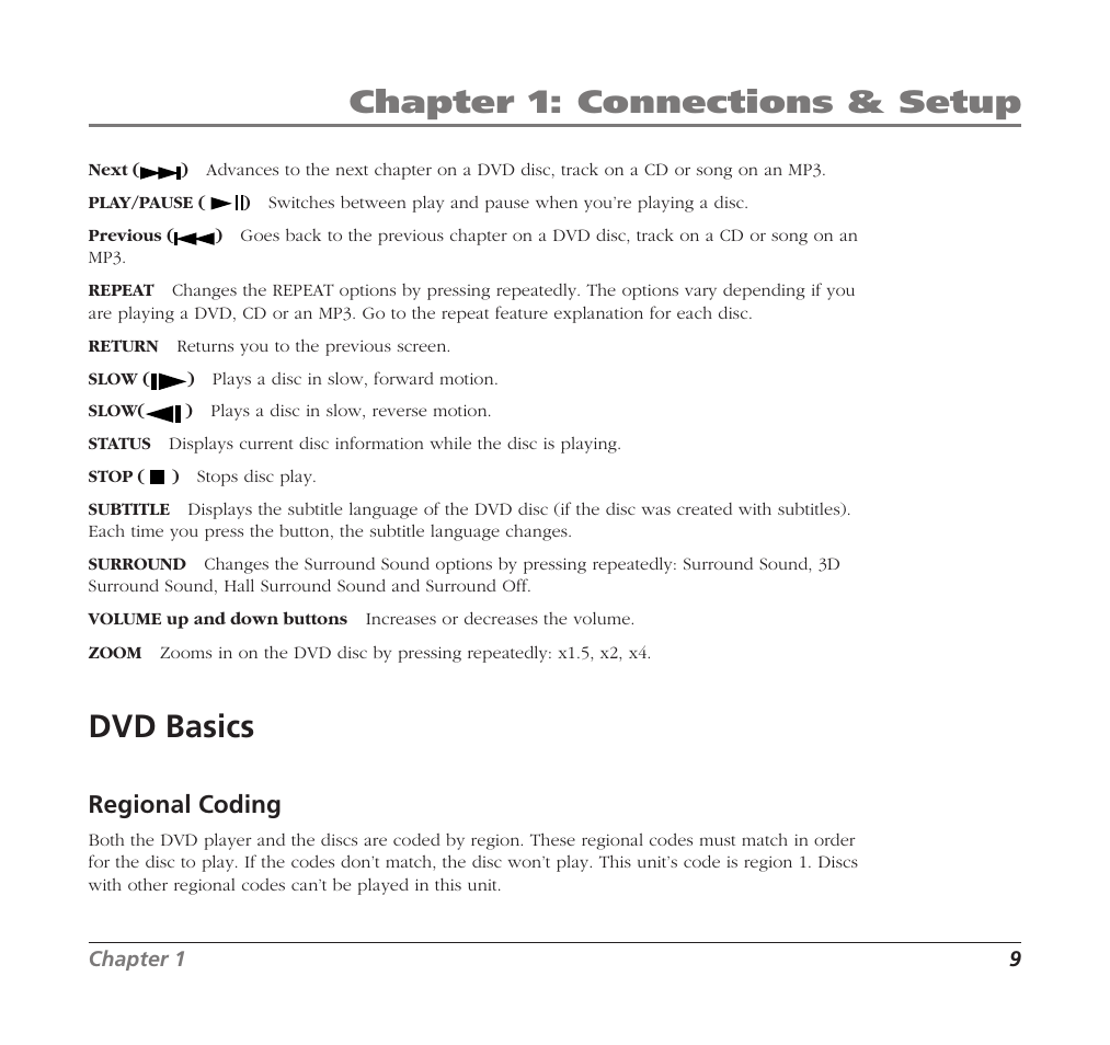 Chapter 1: connections & setup, Dvd basics, Regional coding | RCA Mobile DVD Player User Manual | Page 11 / 36