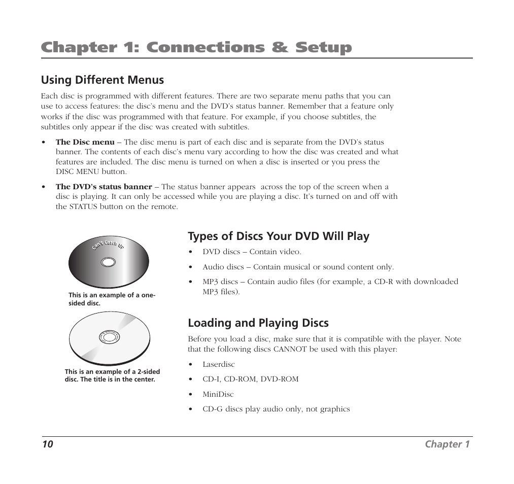 Chapter 1: connections & setup, Using different menus, Types of discs your dvd will play | Loading and playing discs, 10 chapter 1 | RCA Mobile DVD Player User Manual | Page 12 / 36