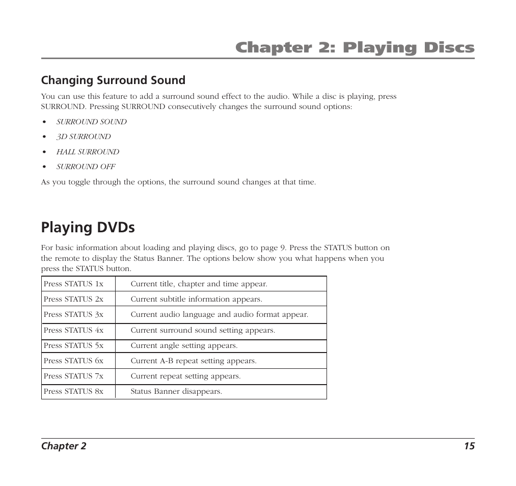 Chapter 2: playing discs, Playing dvds, Changing surround sound | RCA Mobile DVD Player User Manual | Page 17 / 36