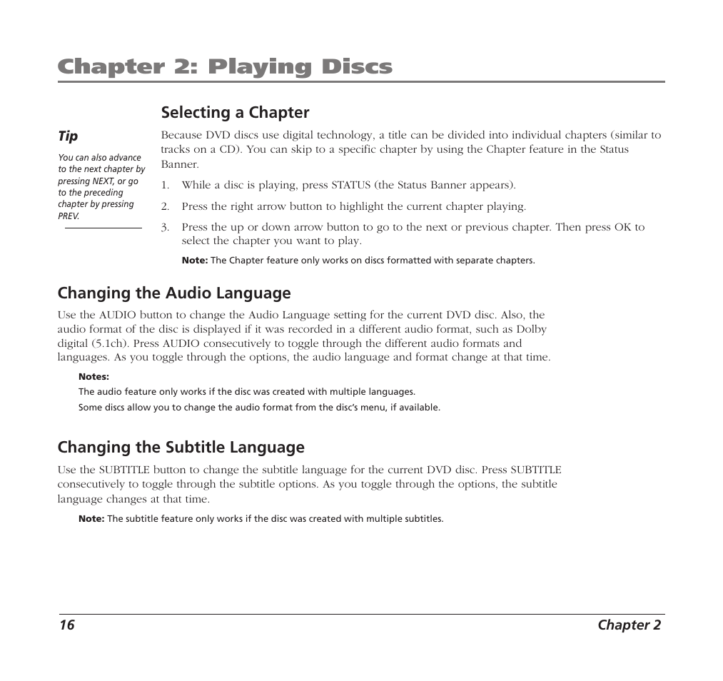 Chapter 2: playing discs, Selecting a chapter, Changing the audio language | Changing the subtitle language | RCA Mobile DVD Player User Manual | Page 18 / 36