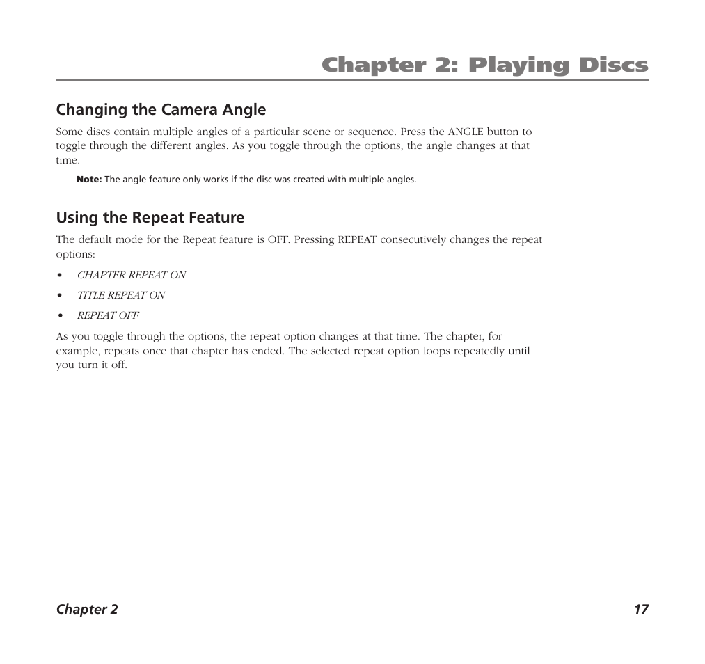 Chapter 2: playing discs, Changing the camera angle, Using the repeat feature | RCA Mobile DVD Player User Manual | Page 19 / 36