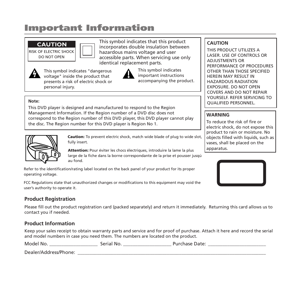 Important information, Caution | RCA Mobile DVD Player User Manual | Page 2 / 36