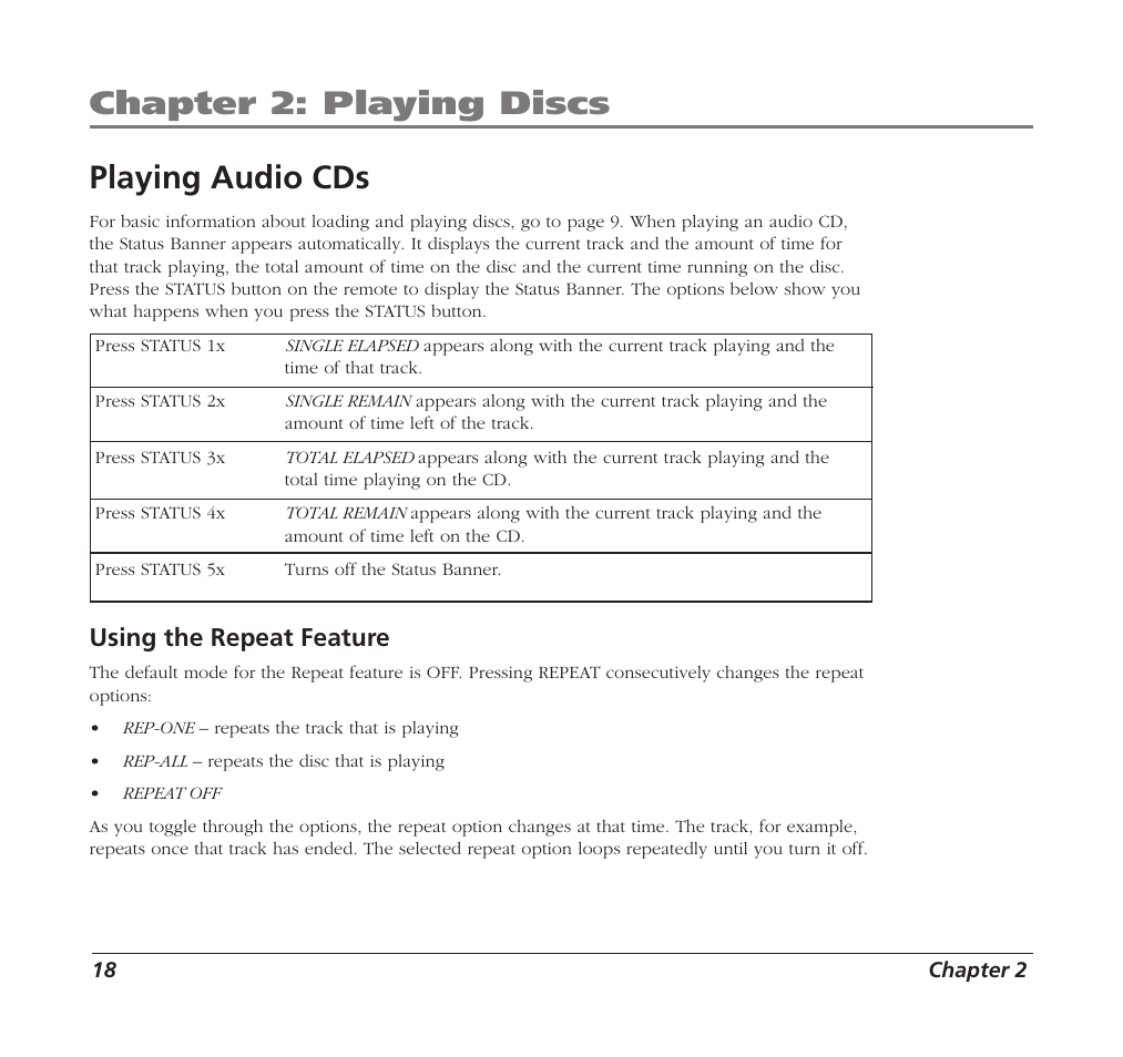 Chapter 2: playing discs, Playing audio cds, Using the repeat feature | RCA Mobile DVD Player User Manual | Page 20 / 36