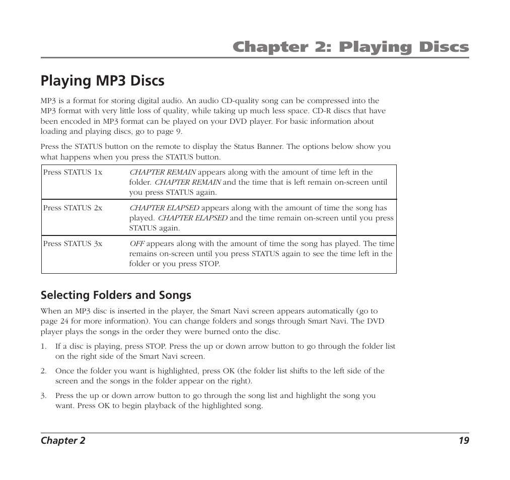 Chapter 2: playing discs, Playing mp3 discs, Selecting folders and songs | RCA Mobile DVD Player User Manual | Page 21 / 36