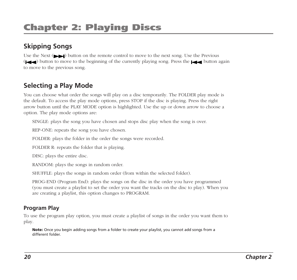 Chapter 2: playing discs, Skipping songs, Selecting a play mode | RCA Mobile DVD Player User Manual | Page 22 / 36