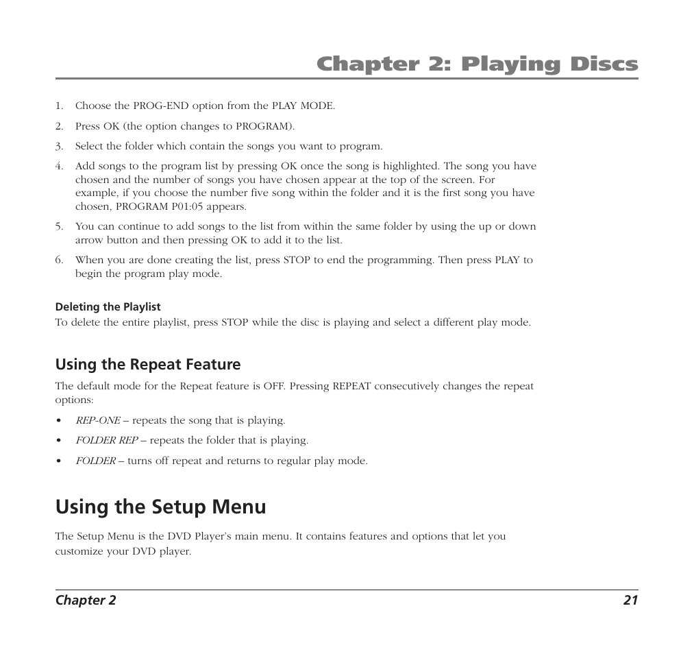 Chapter 2: playing discs, Using the setup menu, Using the repeat feature | RCA Mobile DVD Player User Manual | Page 23 / 36
