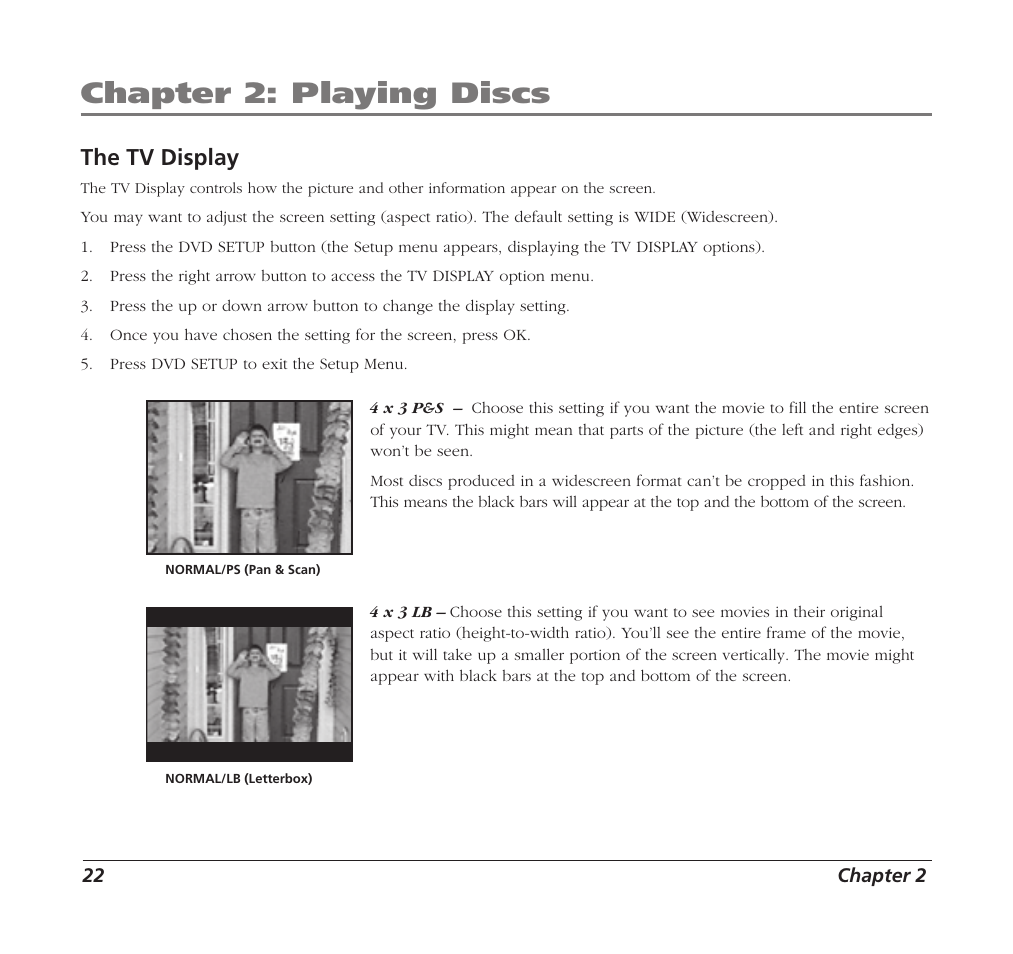 Chapter 2: playing discs, The tv display | RCA Mobile DVD Player User Manual | Page 24 / 36