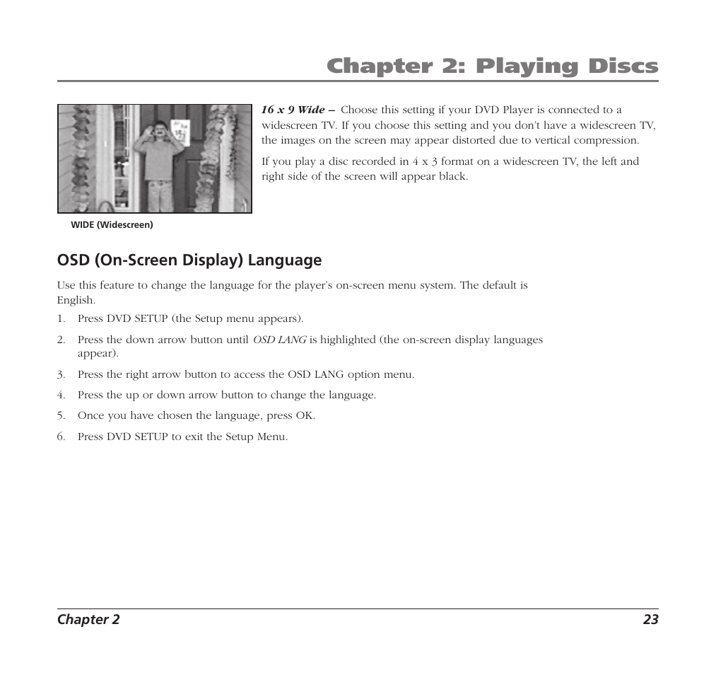 Chapter 2: playing discs, Osd (on-screen display) language | RCA Mobile DVD Player User Manual | Page 25 / 36