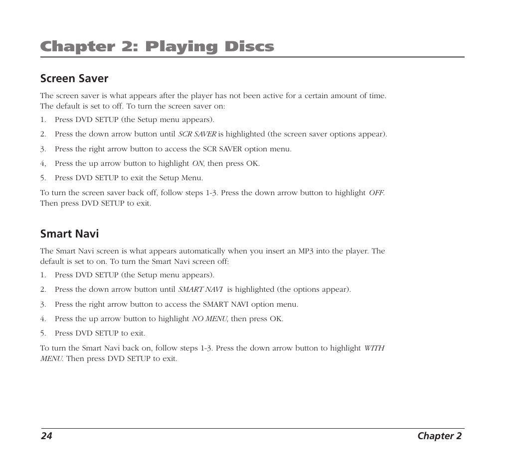 Chapter 2: playing discs, Screen saver, Smart navi | RCA Mobile DVD Player User Manual | Page 26 / 36