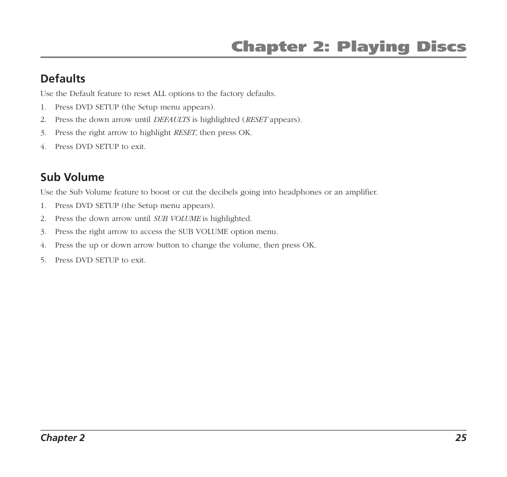 Chapter 2: playing discs, Defaults, Sub volume | RCA Mobile DVD Player User Manual | Page 27 / 36