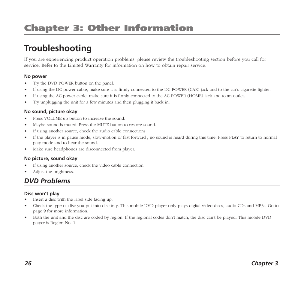 Chapter 3: other information, Troubleshooting, Dvd problems | 26 chapter 3 | RCA Mobile DVD Player User Manual | Page 28 / 36