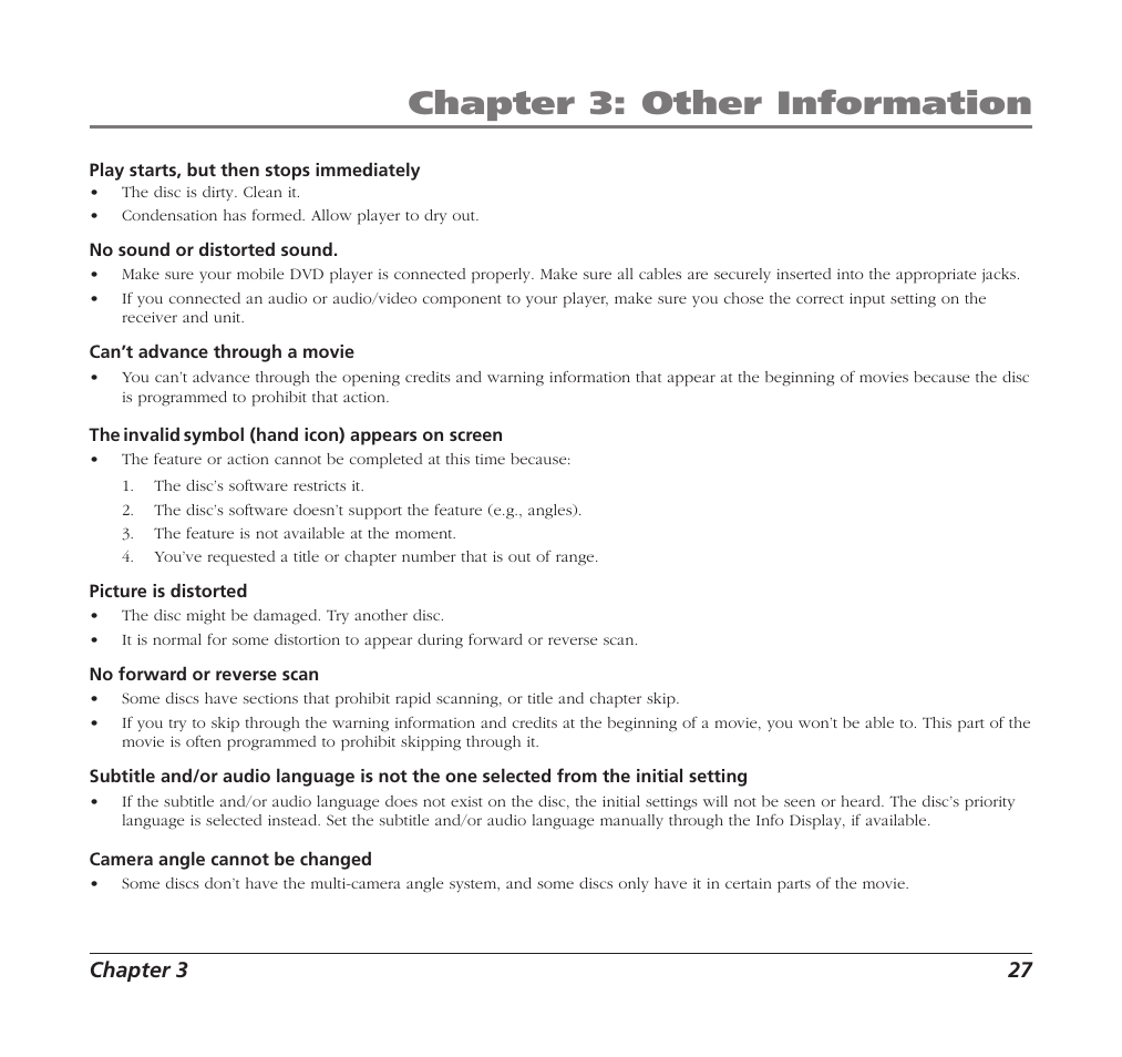 Chapter 3: other information, Chapter 3 27 | RCA Mobile DVD Player User Manual | Page 29 / 36