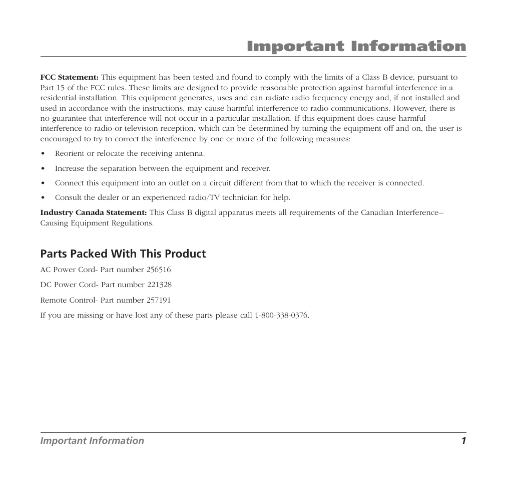 Important information, Parts packed with this product | RCA Mobile DVD Player User Manual | Page 3 / 36