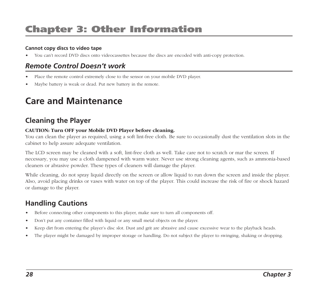 Chapter 3: other information, Care and maintenance, Remote control doesn’t work | Cleaning the player, Handling cautions | RCA Mobile DVD Player User Manual | Page 30 / 36