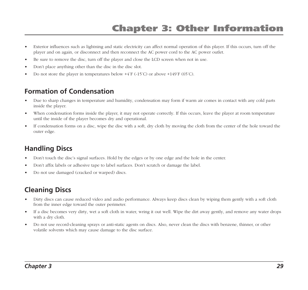 Chapter 3: other information, Formation of condensation, Handling discs | Cleaning discs, Chapter 3 29 | RCA Mobile DVD Player User Manual | Page 31 / 36