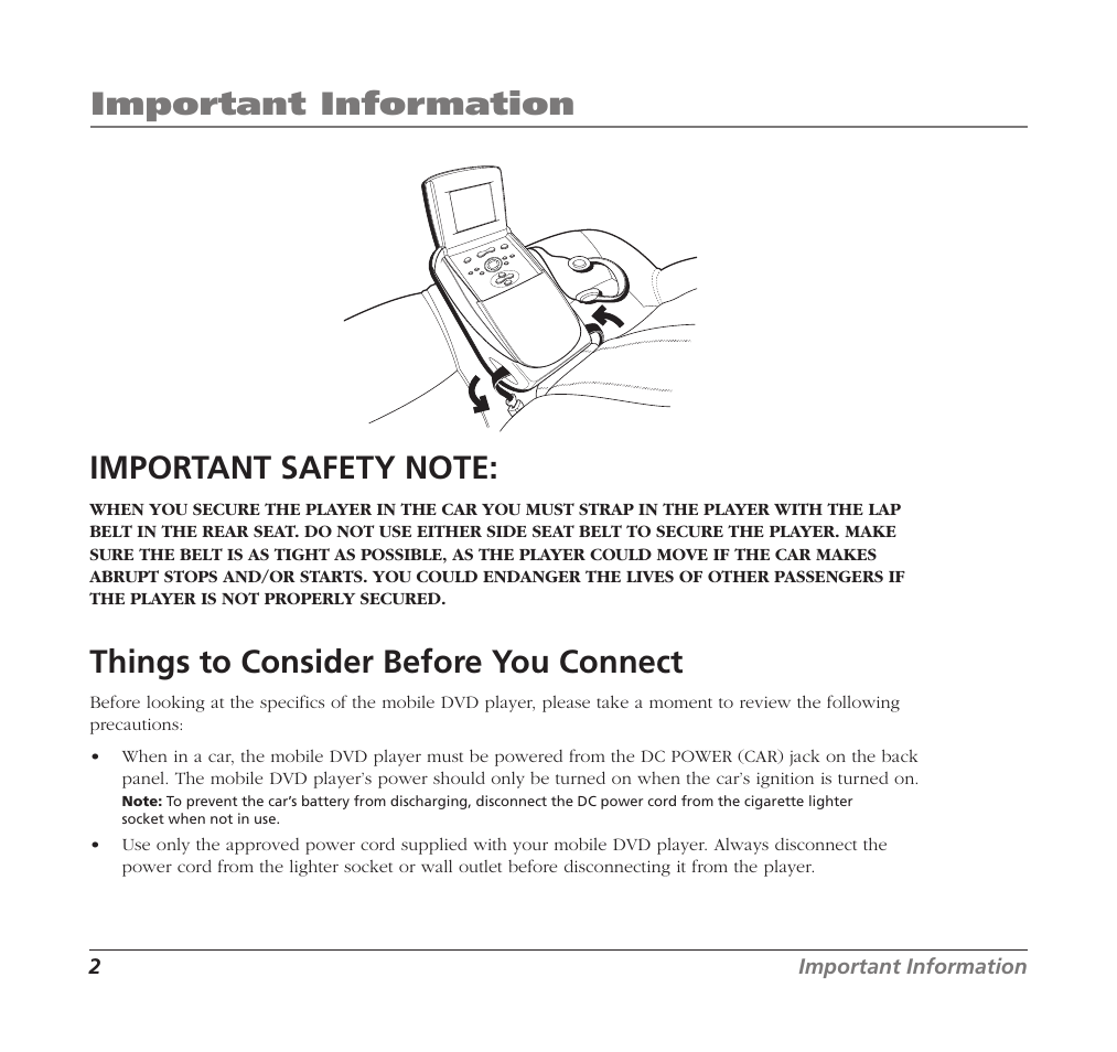 Important information, Things to consider before you connect | RCA Mobile DVD Player User Manual | Page 4 / 36