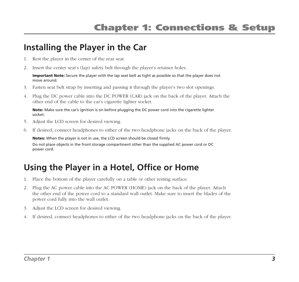 Chapter 1: connections & setup, Installing the player in the car, Using the player in a hotel, office or home | RCA Mobile DVD Player User Manual | Page 5 / 36