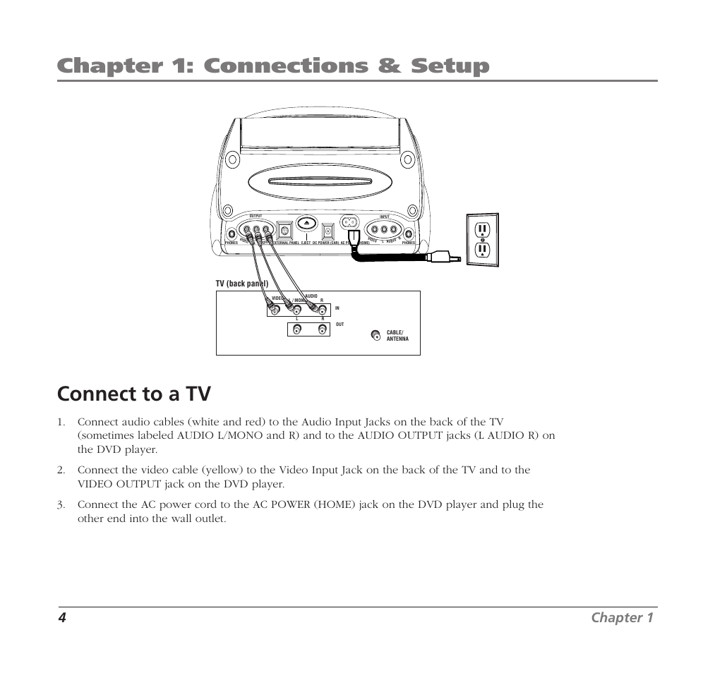 Chapter 1: connections & setup, Connect to a tv, 4chapter 1 | RCA Mobile DVD Player User Manual | Page 6 / 36