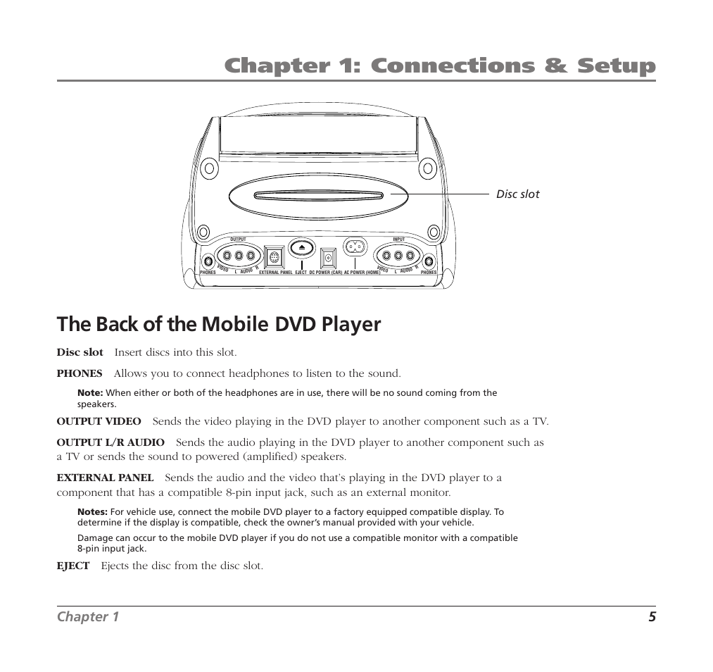 Chapter 1: connections & setup, The back of the mobile dvd player, Chapter 1 5 | RCA Mobile DVD Player User Manual | Page 7 / 36