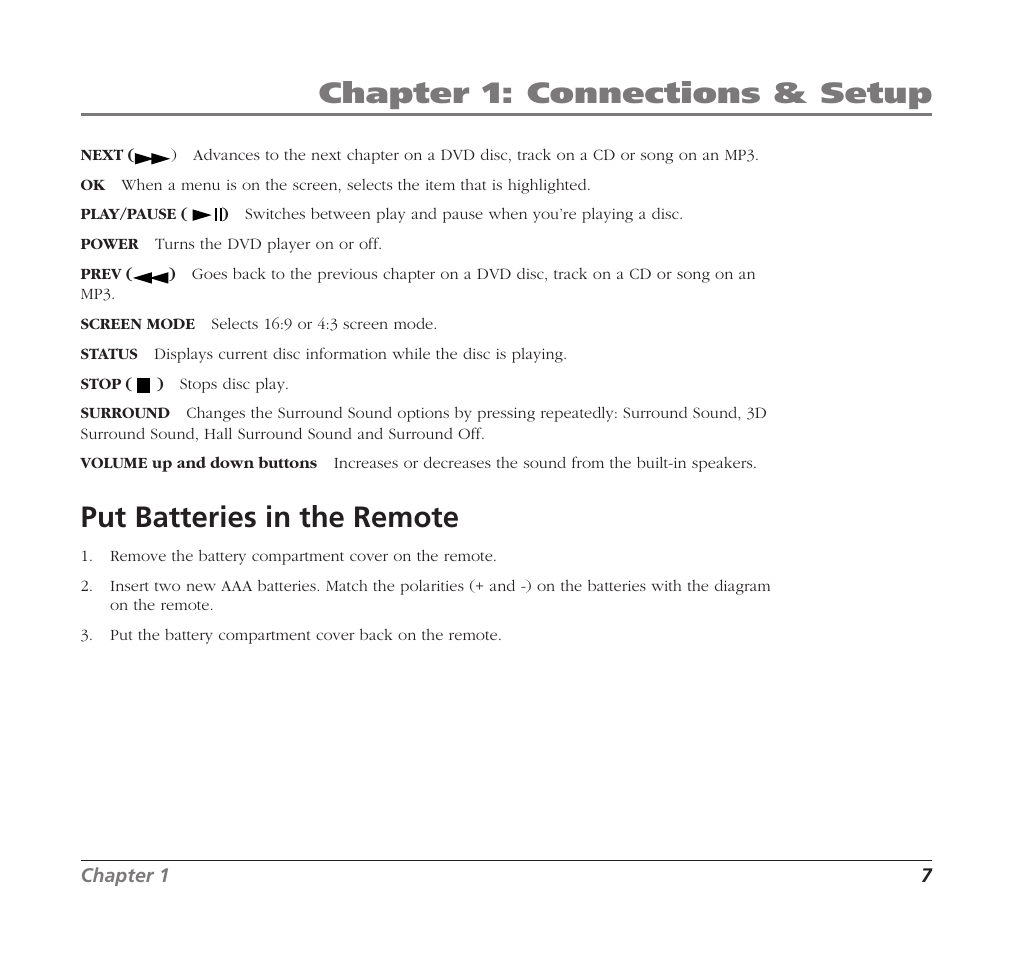 Chapter 1: connections & setup, Put batteries in the remote | RCA Mobile DVD Player User Manual | Page 9 / 36