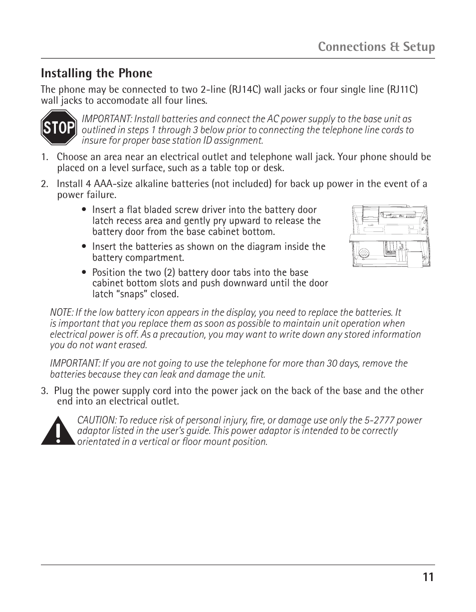 11 connections & setup installing the phone | RCA 25423/24 User Manual | Page 11 / 88