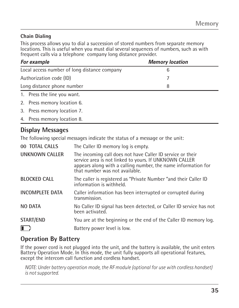Display messages, Operation by battery | RCA 25423/24 User Manual | Page 35 / 88