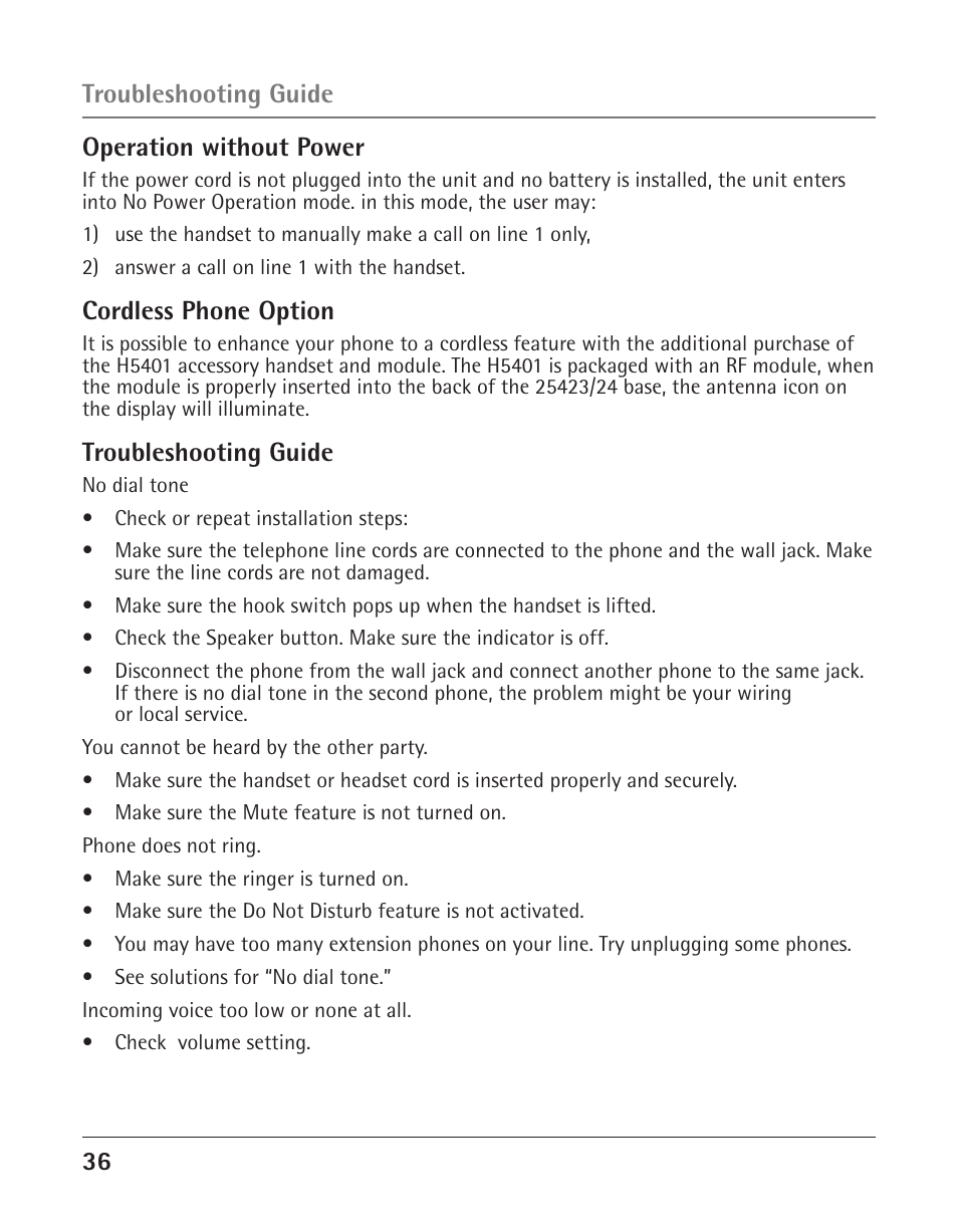 3 operation without power, Cordless phone option, Troubleshooting guide | RCA 25423/24 User Manual | Page 36 / 88