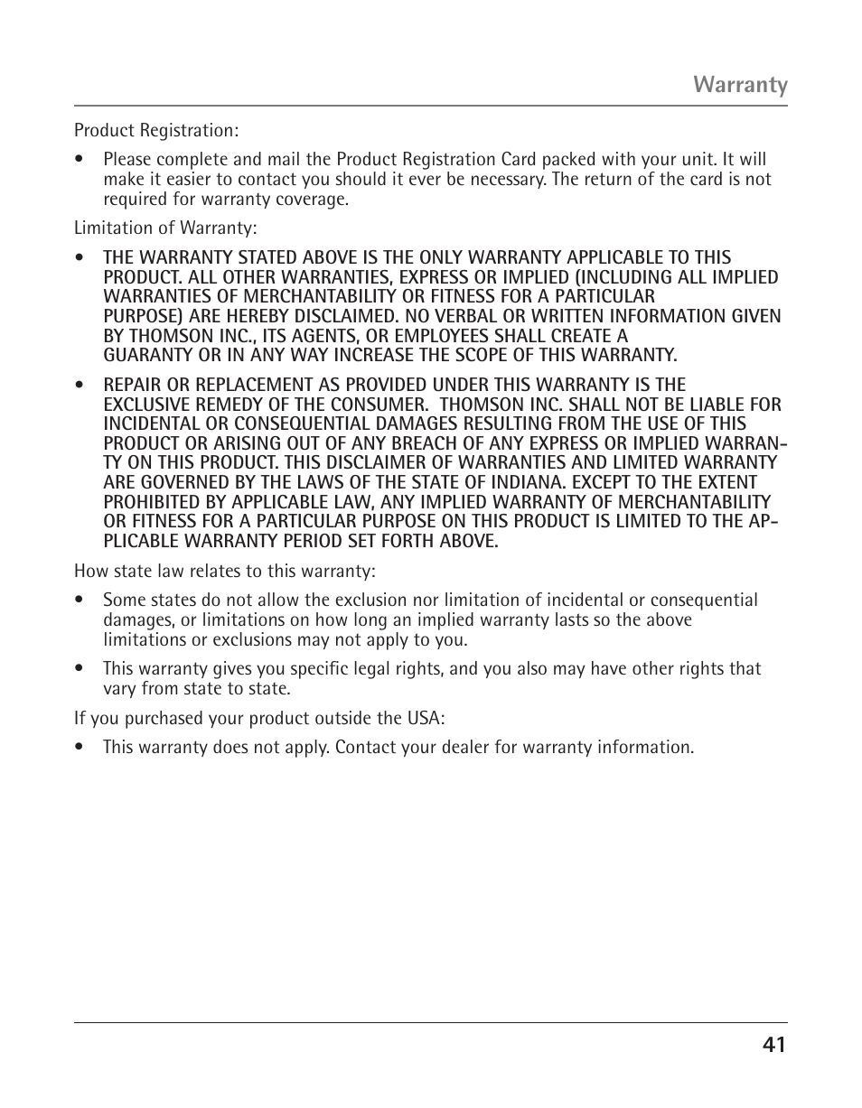 Warranty | RCA 25423/24 User Manual | Page 41 / 88