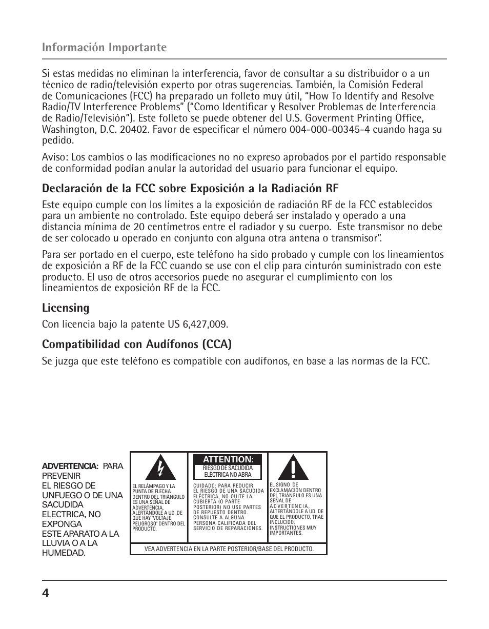 Información importante, Licensing, Compatibilidad con audífonos (cca) | RCA 25423/24 User Manual | Page 48 / 88