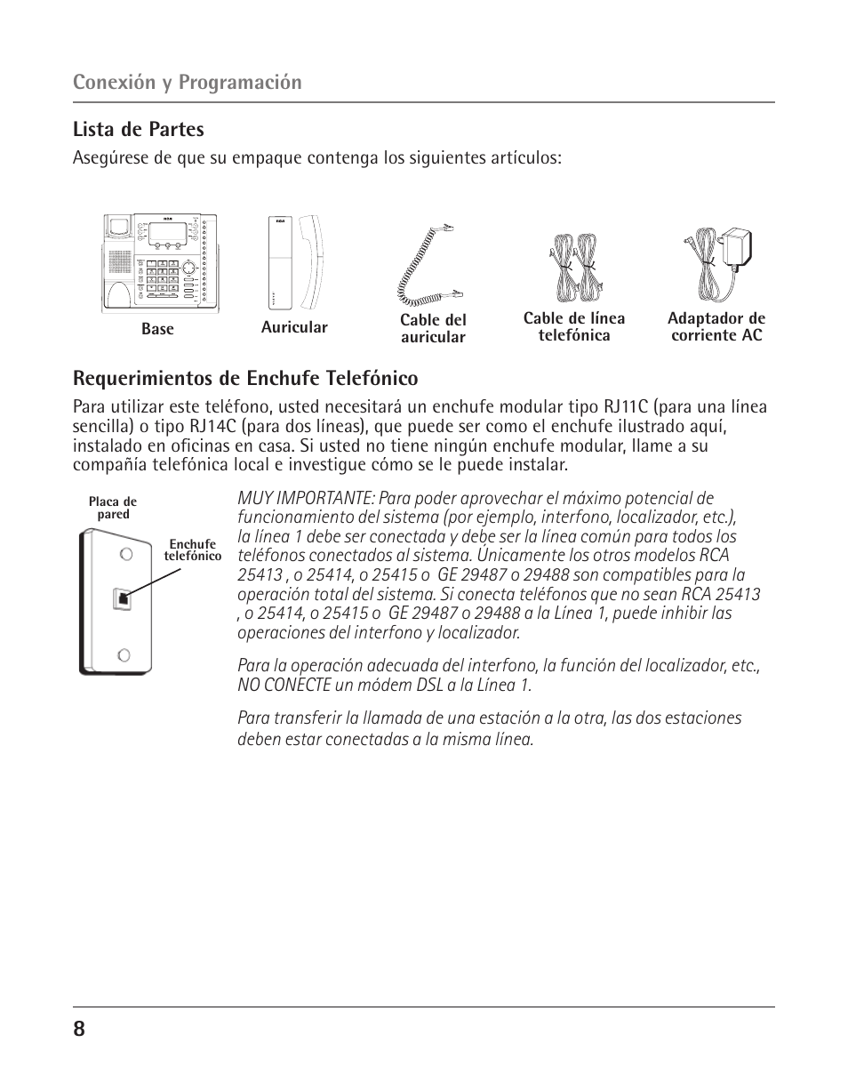 Lista de partes, Requerimientos de enchufe telefónico, Conexión y programación | RCA 25423/24 User Manual | Page 52 / 88