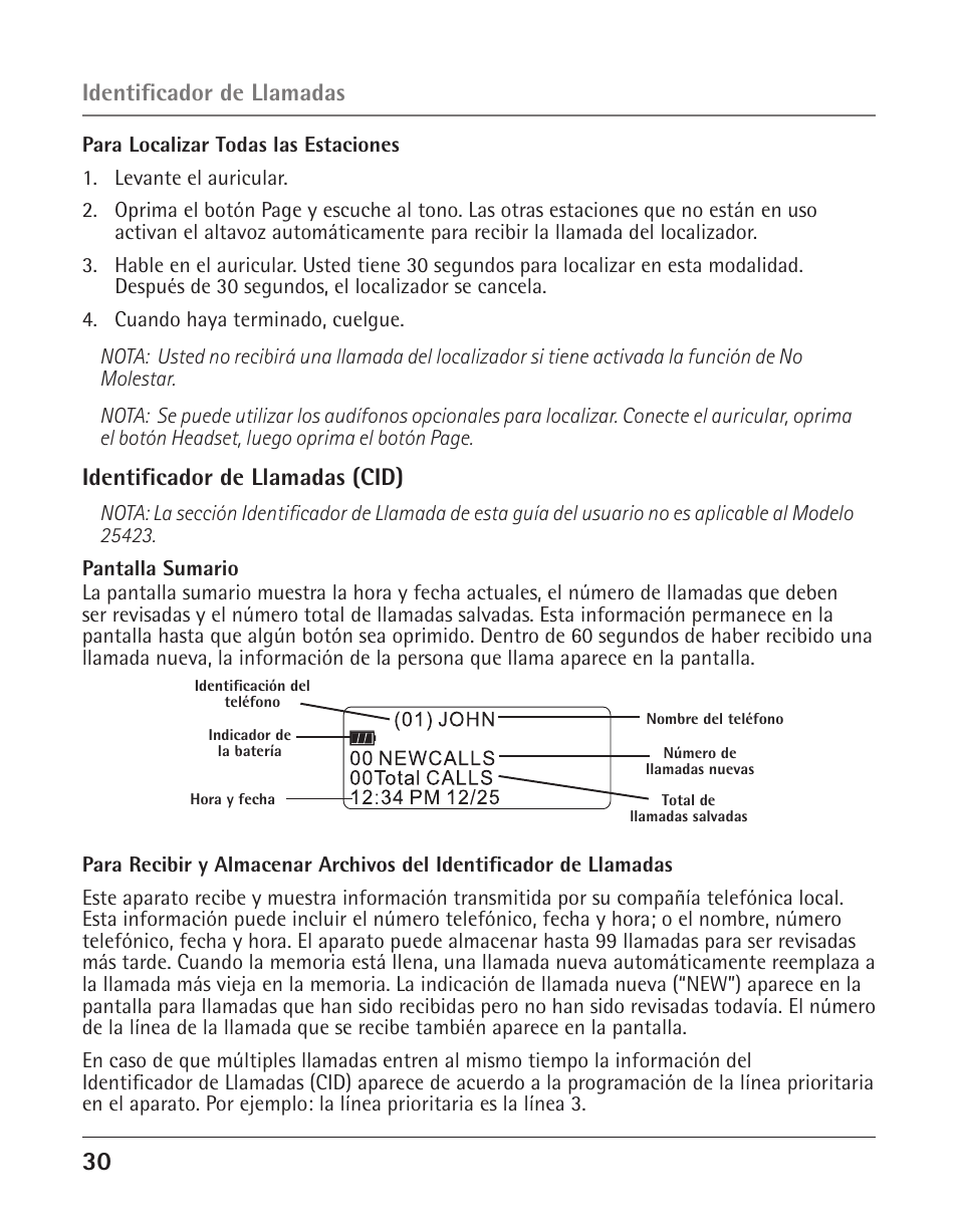 Identificador de llamadas (cid), Identificador de llamadas | RCA 25423/24 User Manual | Page 74 / 88