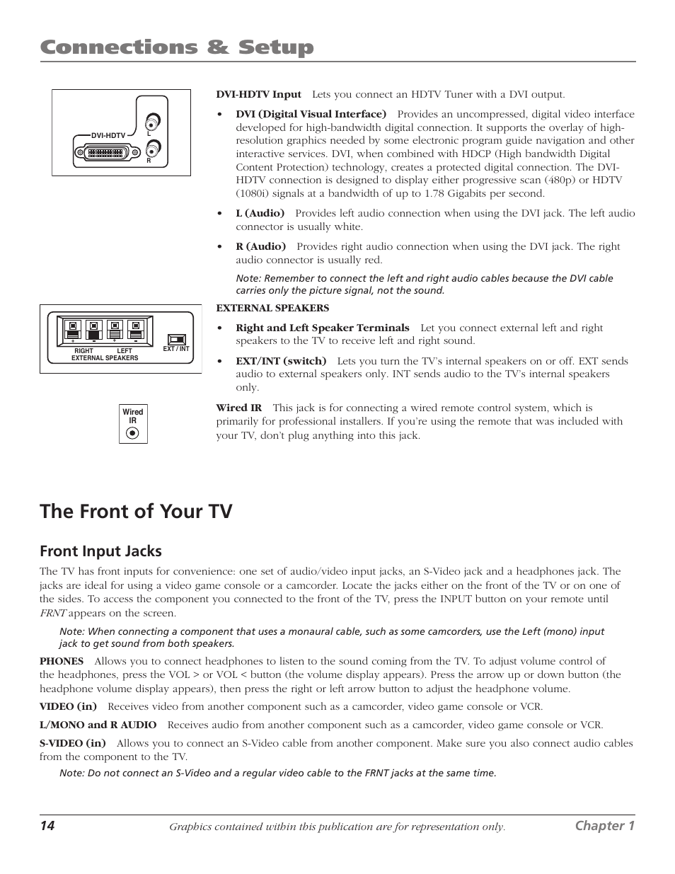 Connections & setup, The front of your tv, Front input jacks | RCA D40W15B User Manual | Page 16 / 48
