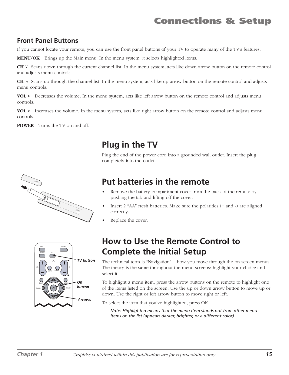 Connections & setup, Plug in the tv, Put batteries in the remote | Front panel buttons, 14 chapter 1, Chapter 1 15 | RCA D40W15B User Manual | Page 17 / 48