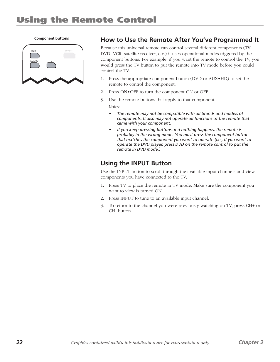 Using the remote control, Remote control codes, How to use the remote after you’ve programmed it | Using the input button | RCA D40W15B User Manual | Page 24 / 48
