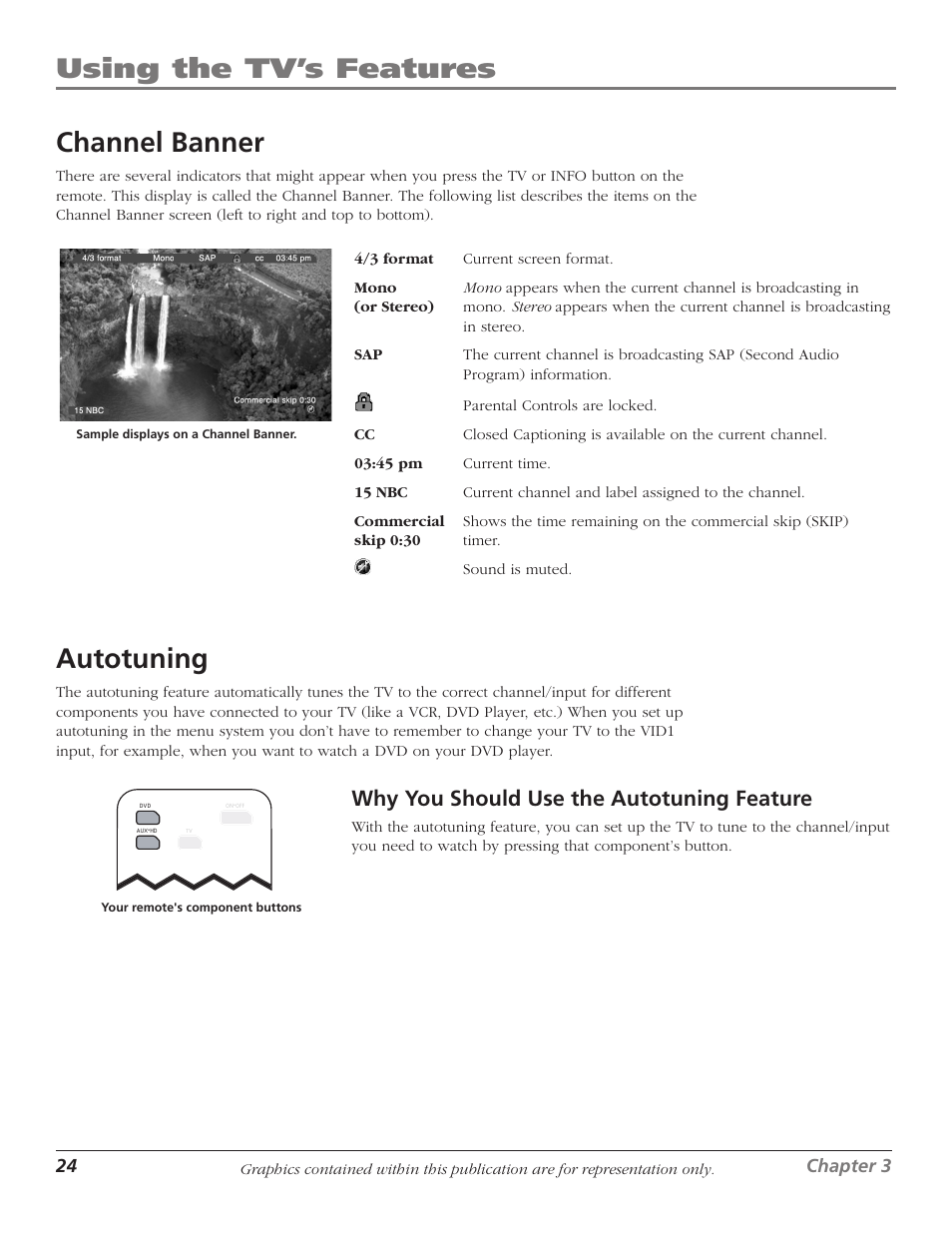 Using the tv’s features, Channel banner, Autotuning | Why you should use the autotuning feature | RCA D40W15B User Manual | Page 26 / 48
