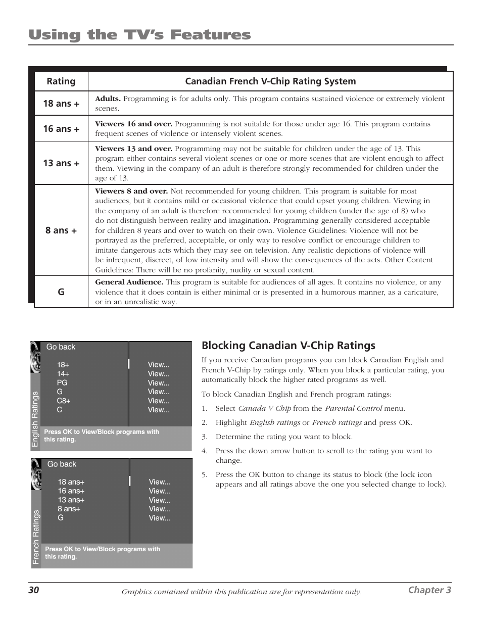Using the tv’s features, Blocking canadian v-chip ratings | RCA D40W15B User Manual | Page 32 / 48