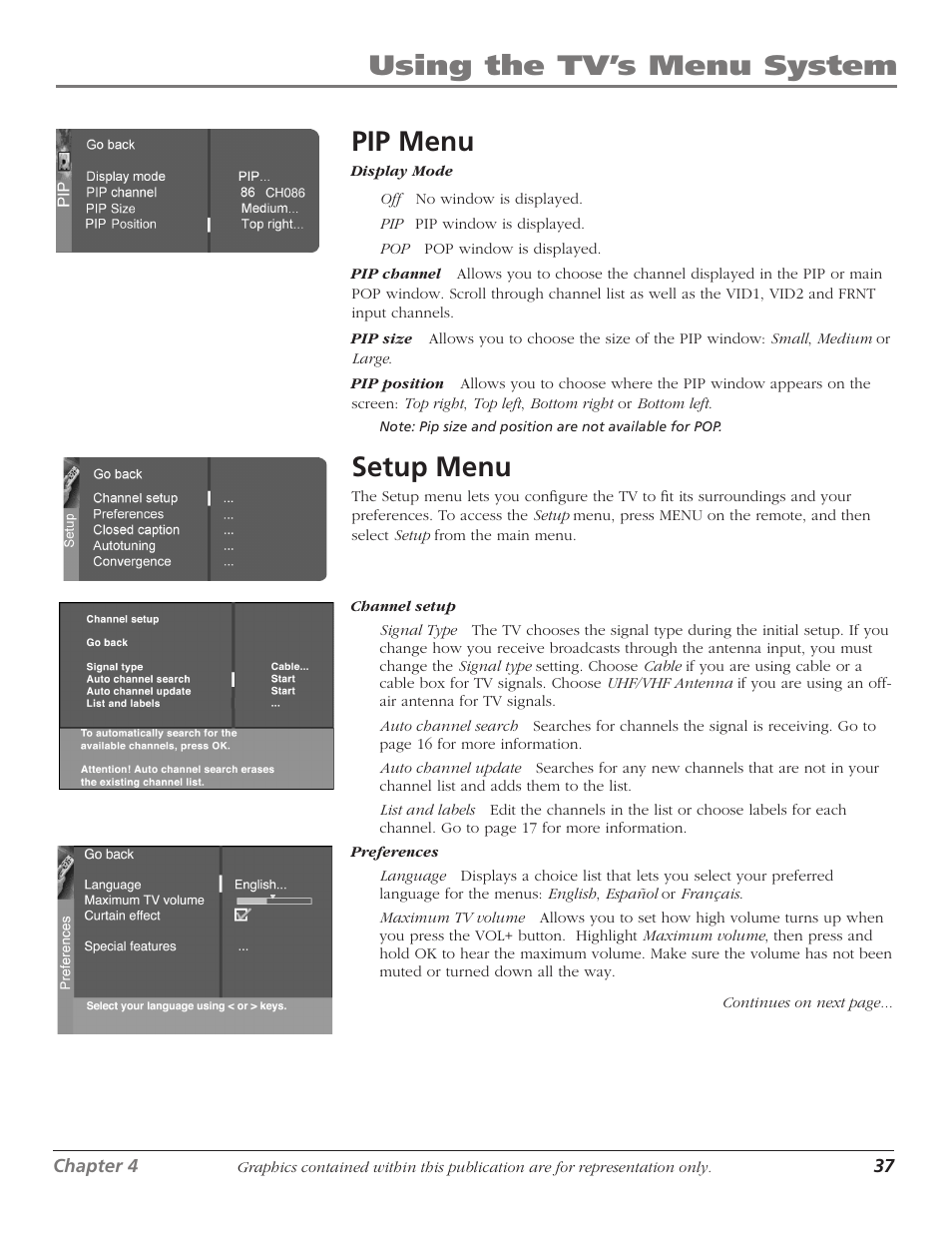 Using the tv’s menu system, Pip menu, Setup menu | RCA D40W15B User Manual | Page 39 / 48