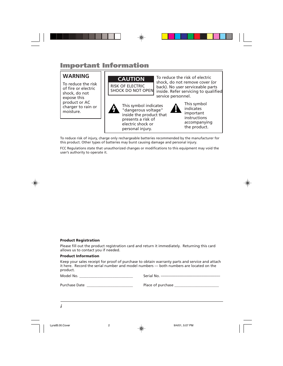 Important information, Warning, Caution | RCA RD2800 User Manual | Page 2 / 58