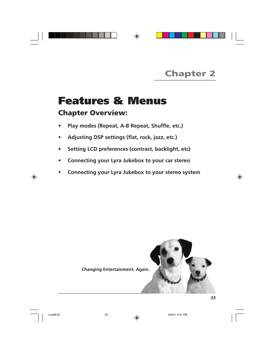 Features & menus, Chapter 2, Chapter overview | RCA RD2800 User Manual | Page 35 / 58