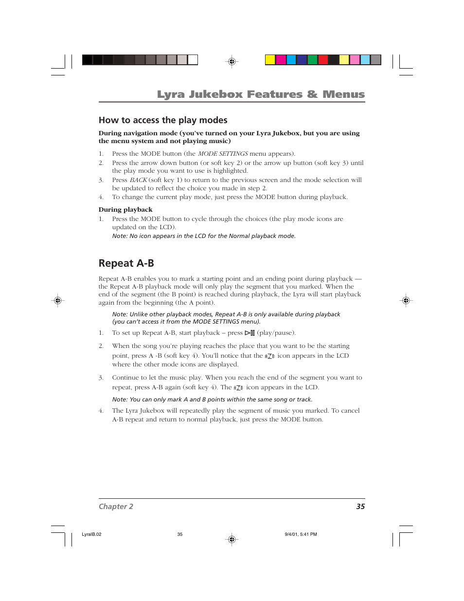 Lyra jukebox features & menus, Repeat a-b, How to access the play modes | RCA RD2800 User Manual | Page 37 / 58