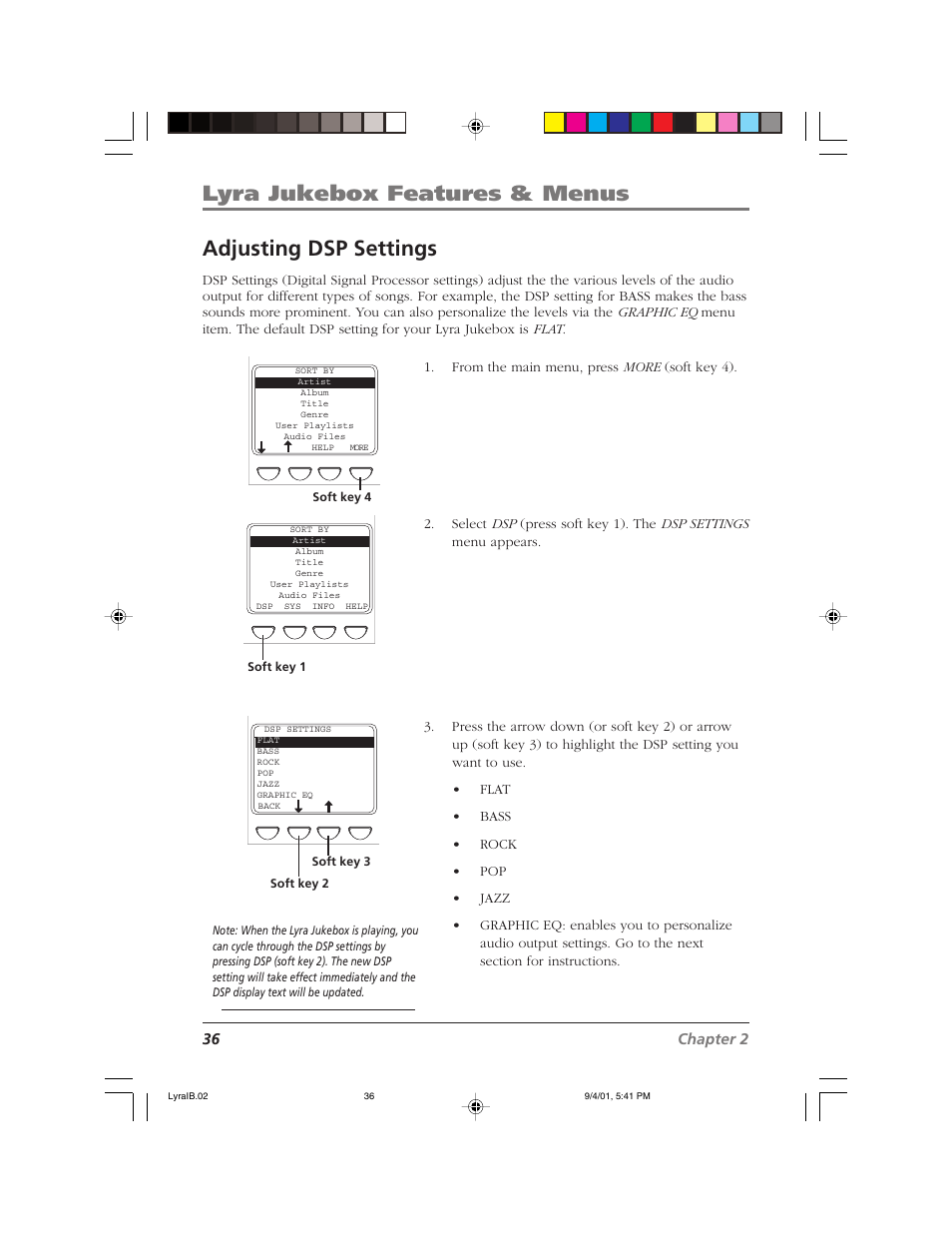 Lyra jukebox features & menus, Adjusting dsp settings | RCA RD2800 User Manual | Page 38 / 58