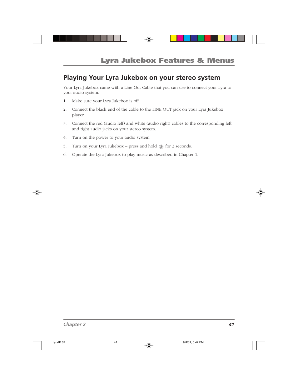 Lyra jukebox features & menus, Playing your lyra jukebox on your stereo system | RCA RD2800 User Manual | Page 43 / 58