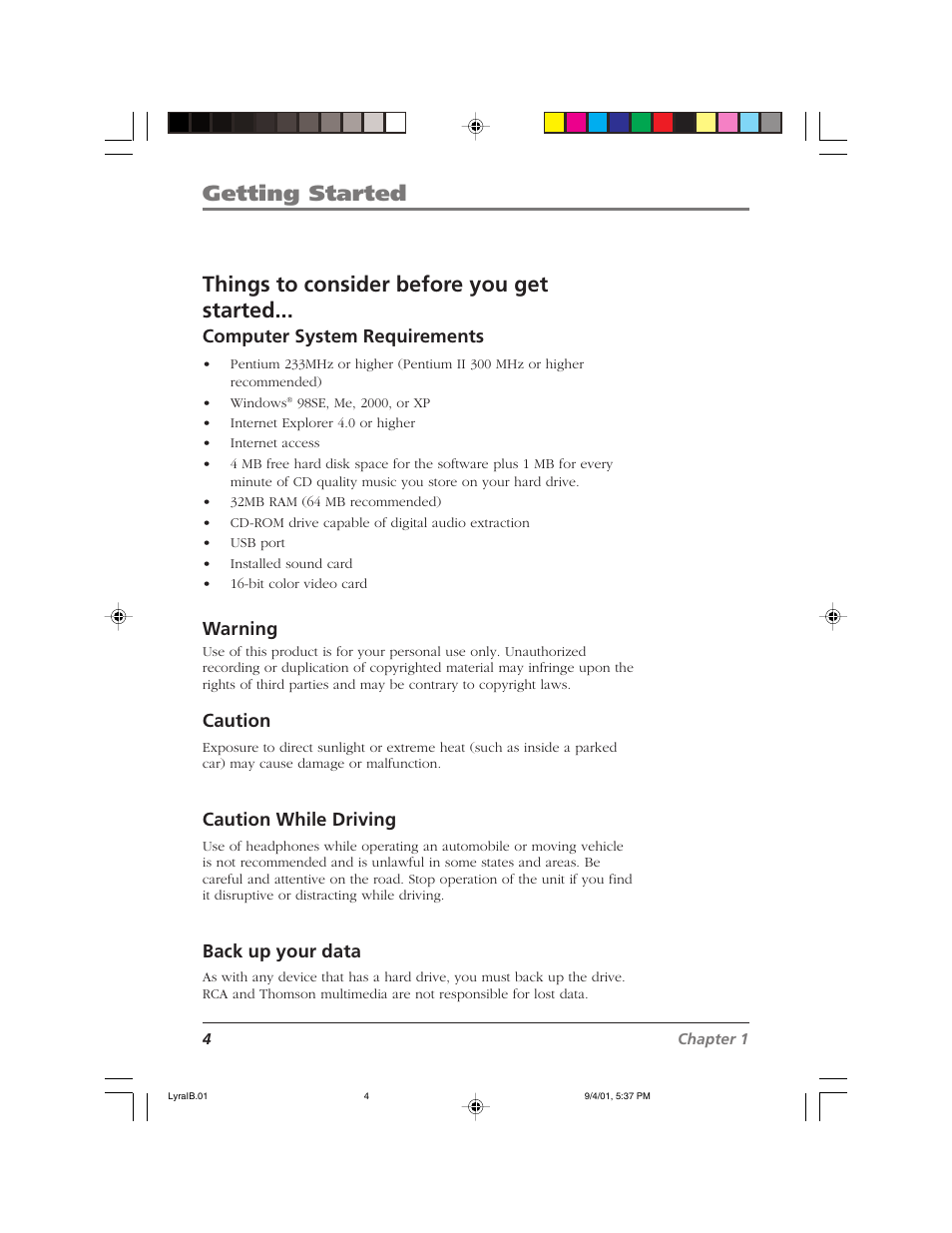 Computer system requirements, Warning, Caution | Caution while driving, Back up your data | RCA RD2800 User Manual | Page 6 / 58